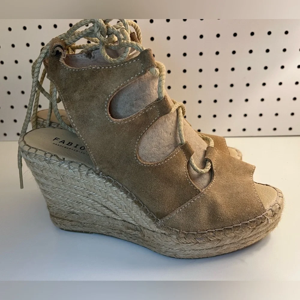 Fabiolas Tan Lace Up Cut Out Wedge Leather Espadrille Sandals